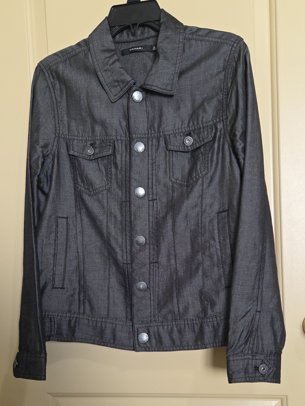 Tahari Shimmery Black Denim Jacket with Button Front